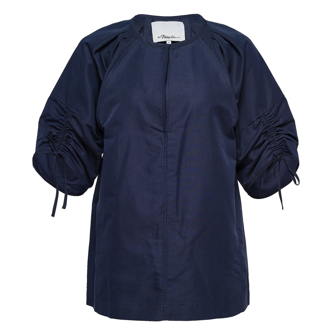 Shirred Sleeve Band Collar Top