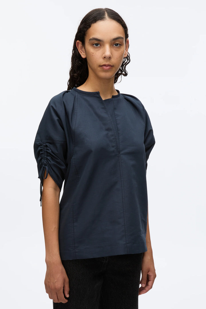Shirred Sleeve Band Collar Top