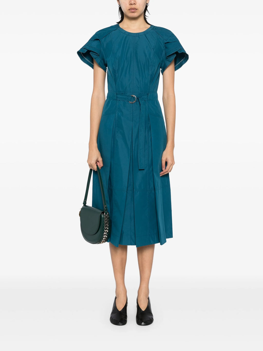 Cascade Drape Short Sleeve Belted Dress