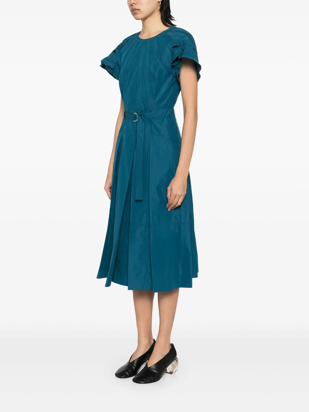Cascade Drape Short Sleeve Belted Dress