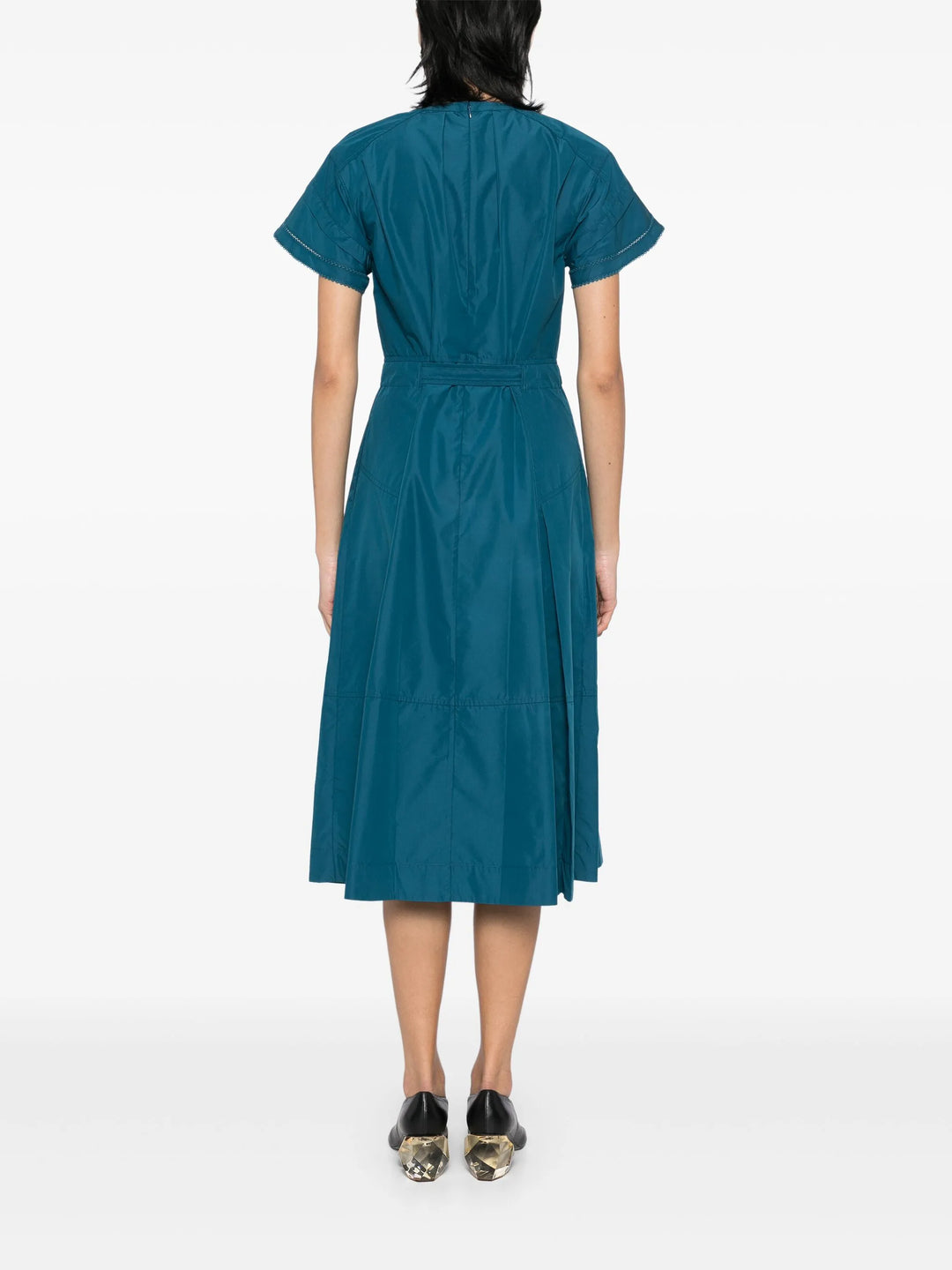 Cascade Drape Short Sleeve Belted Dress