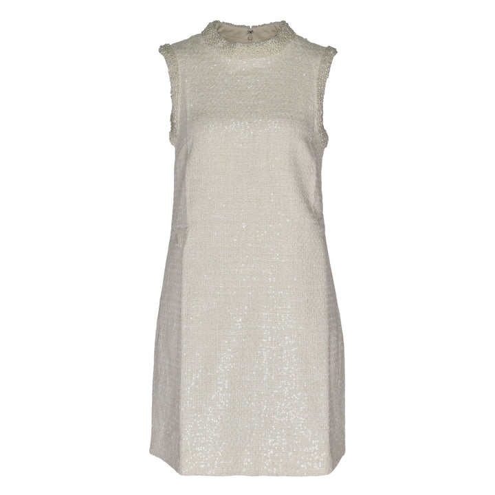 Cream Boucle Pearl Trim Mini Dress