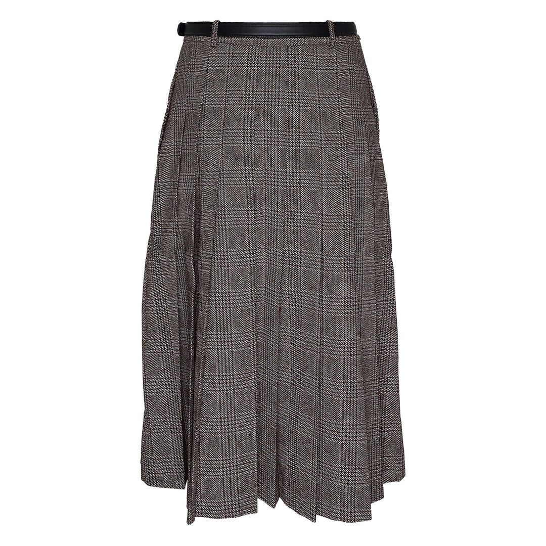 Brown Check Pleated Midi Skirt