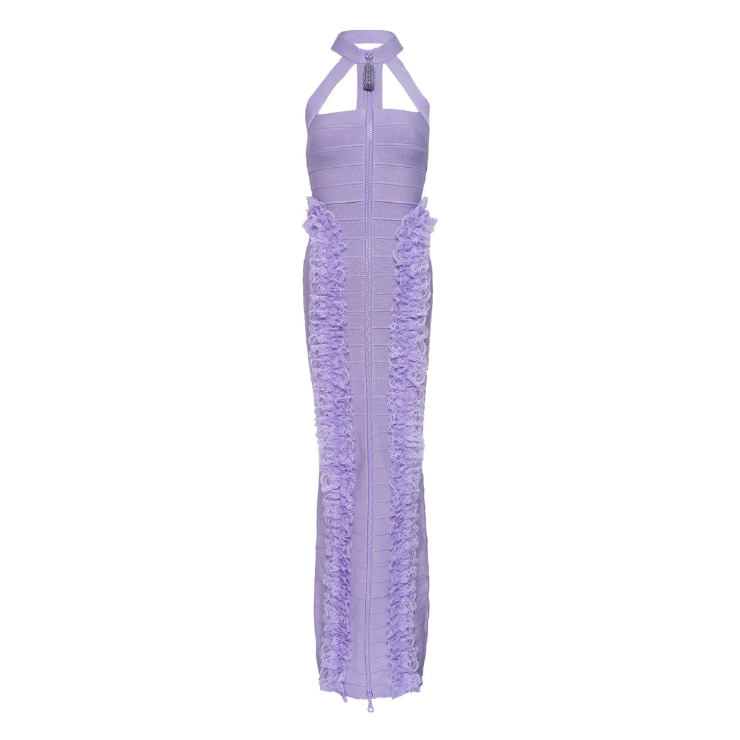 Purple Knit Zip Ruffle Maxi Dress
