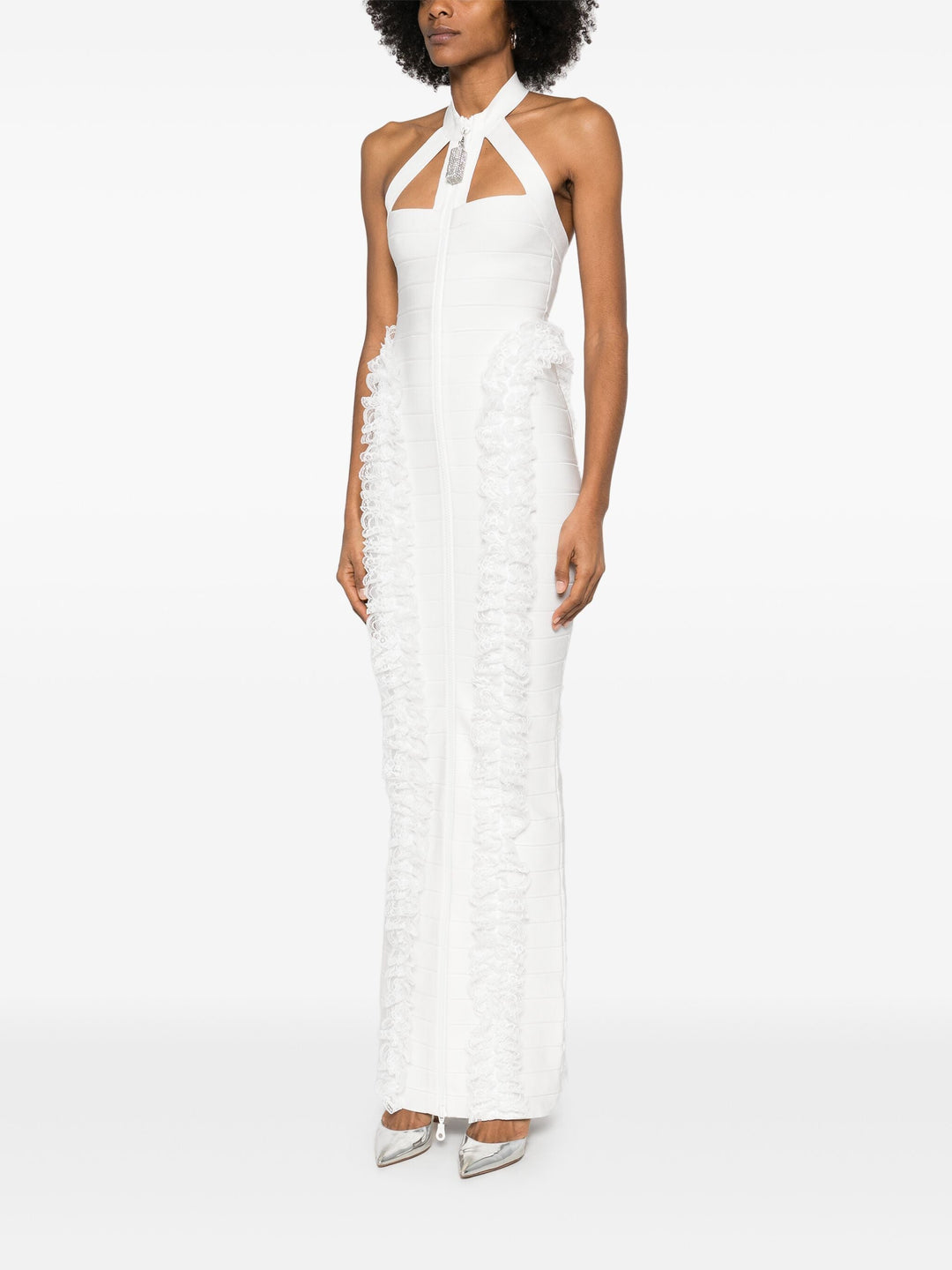 White Knit Zip Ruffle Maxi Dress