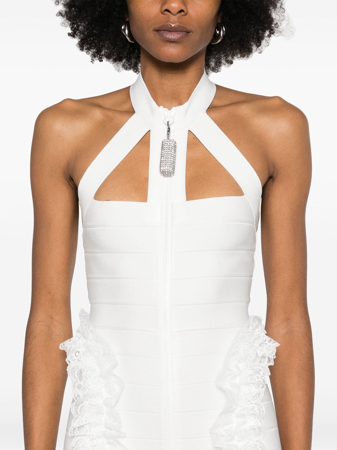 White Knit Zip Ruffle Maxi Dress