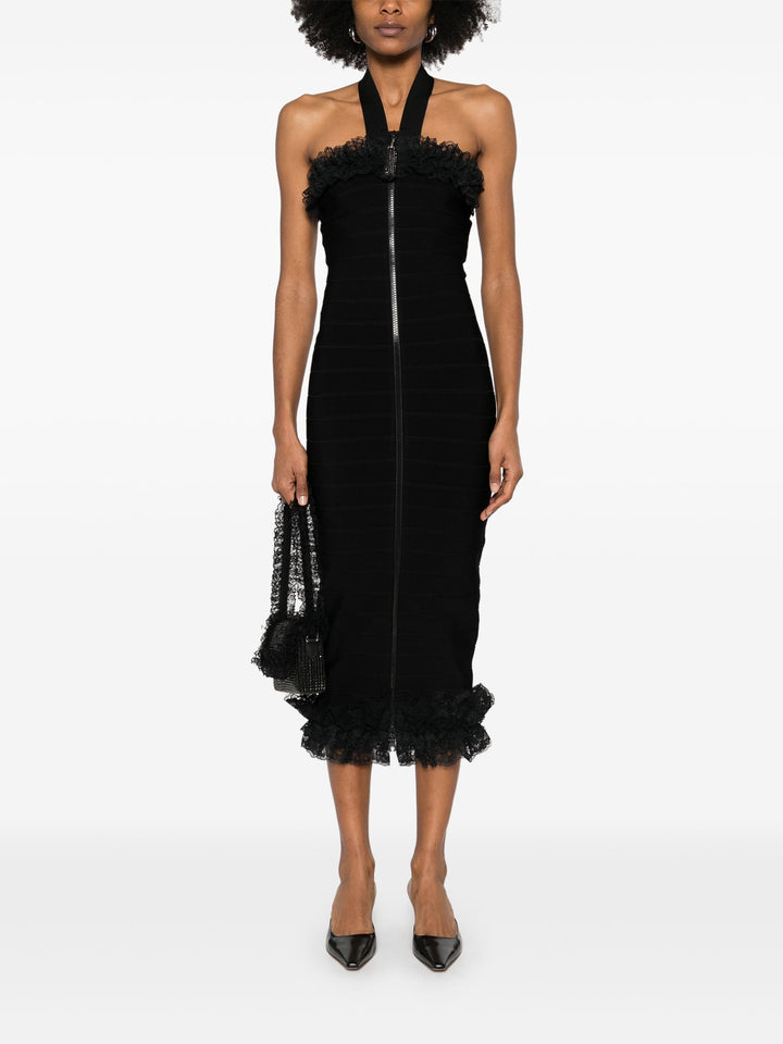 Black Knit Zip Ruffle Midi Dress