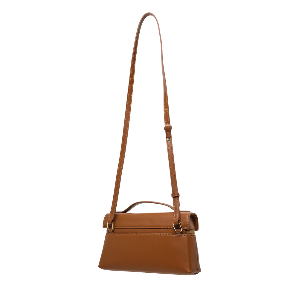 JW PEI Thea Top Handle Bag in brown smooth vegan leather with adjustable shoulder strap, dual zip gold-tone closure, and tonal contrast stitching, shot on white background