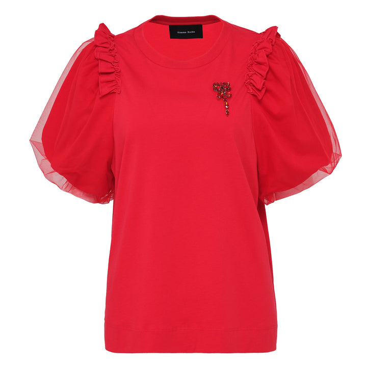 Tulle Overlay Puff Sleeve Frill Tee