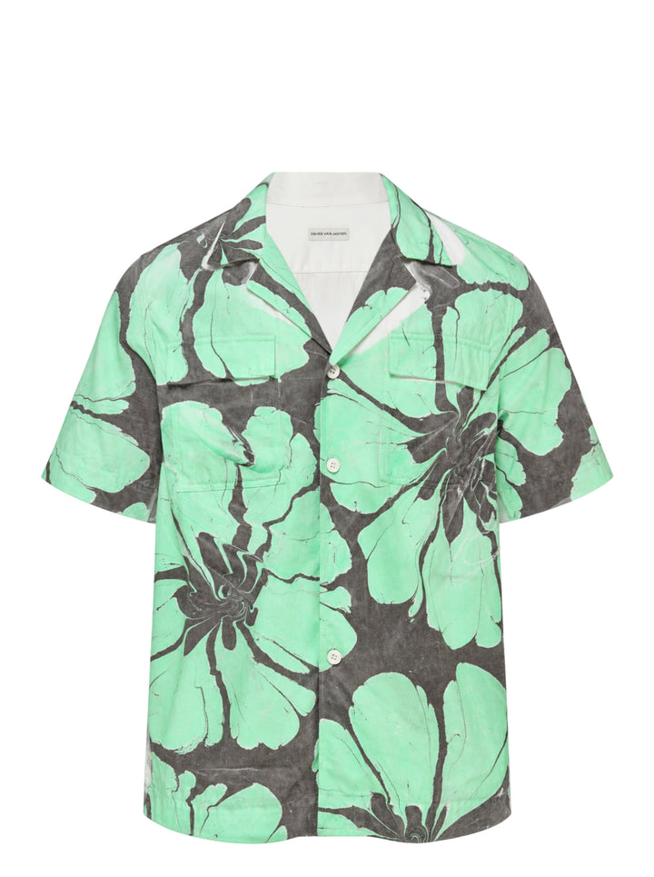Dries Van Noten boxy fit short sleeve shirt with an oversized marbled mint green floral print on charcoal, camp collar, white buttons and flap chest pockets