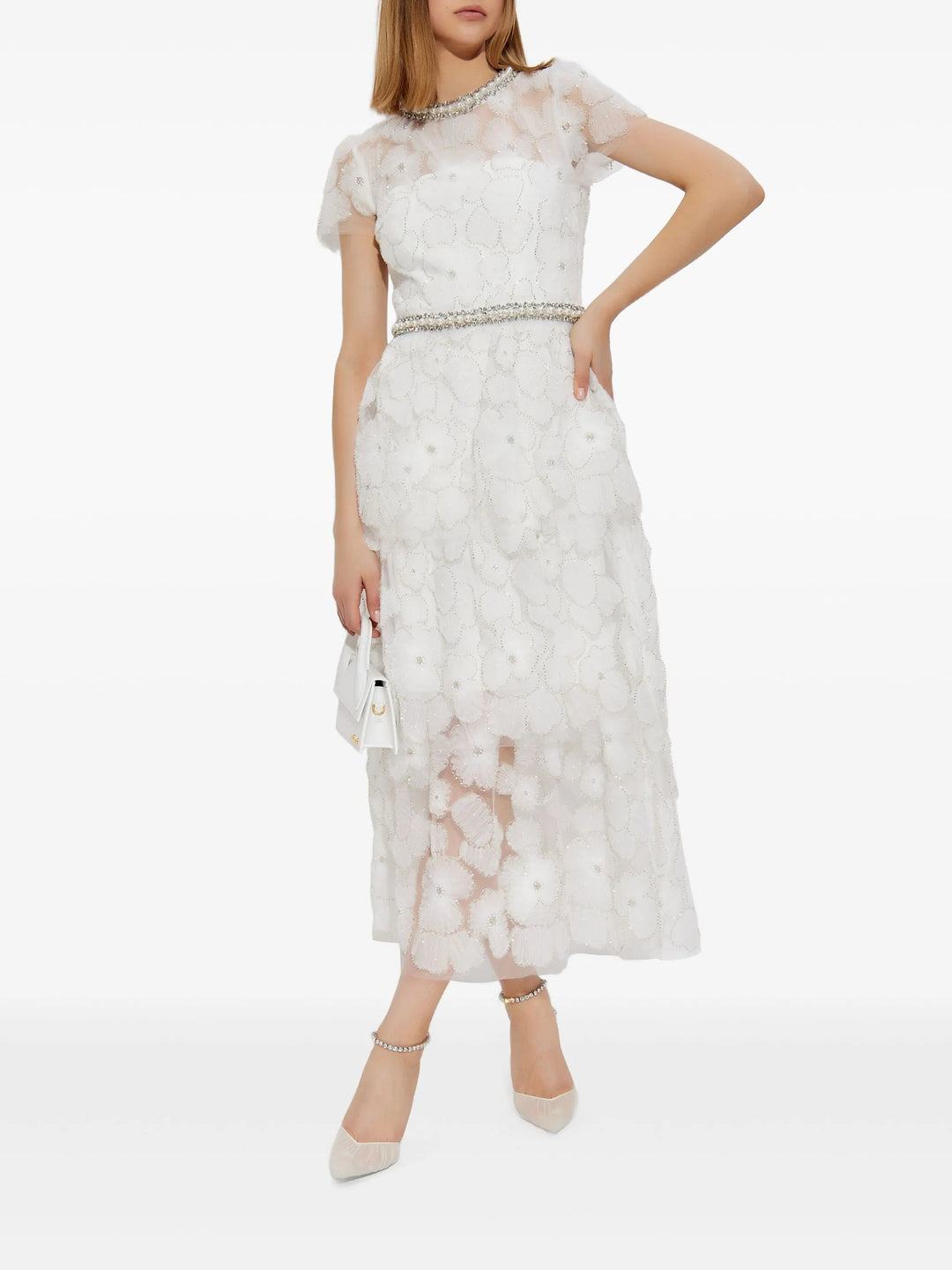 White Embellished Tulle Tiered Dress