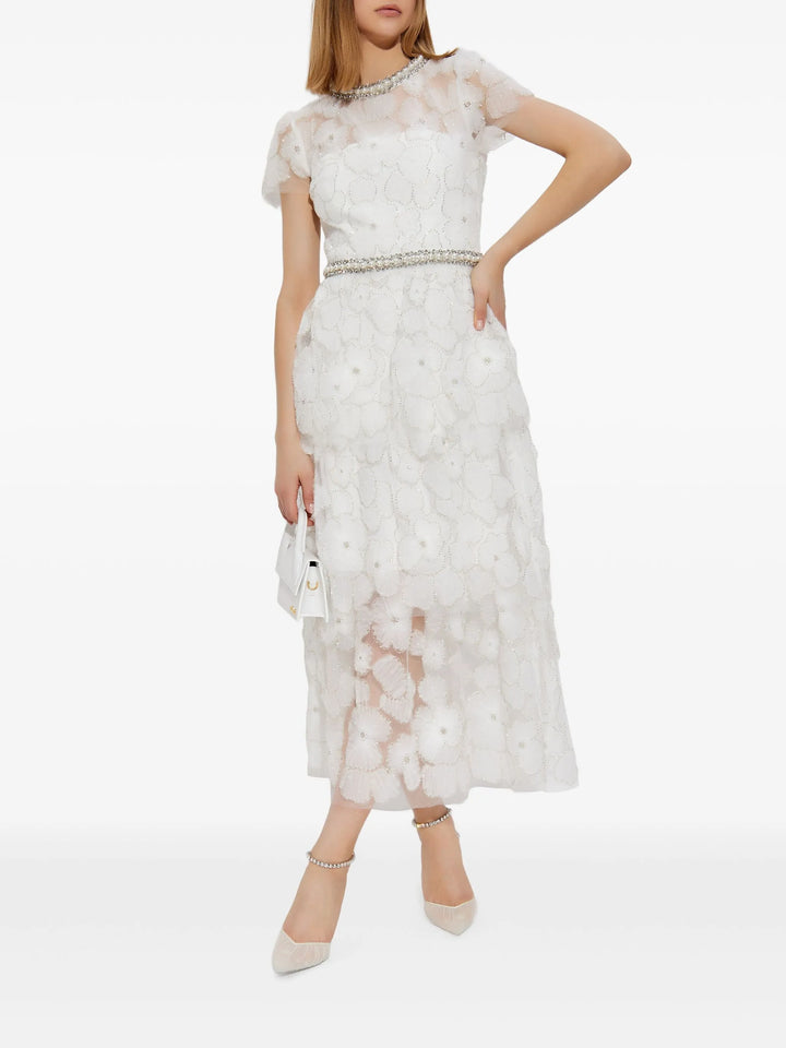 White Embellished Tulle Tiered Dress