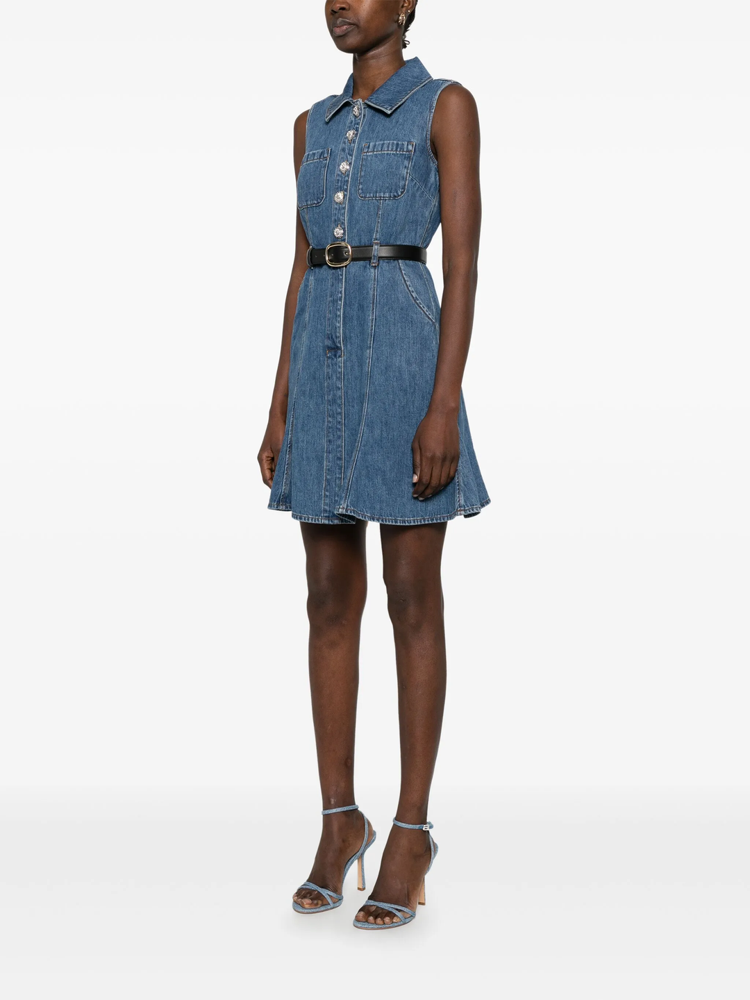 Denim Sleeveless Pearl Mini Dress