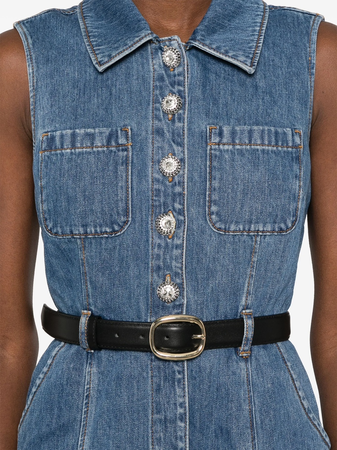 Denim Sleeveless Pearl Mini Dress