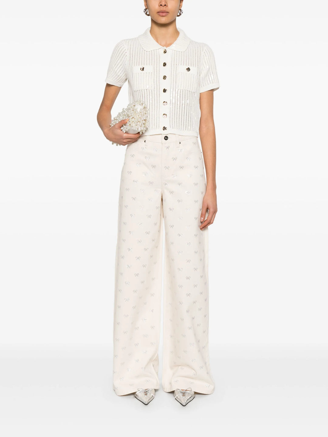 Cream Denim Diamante Bow Jeans