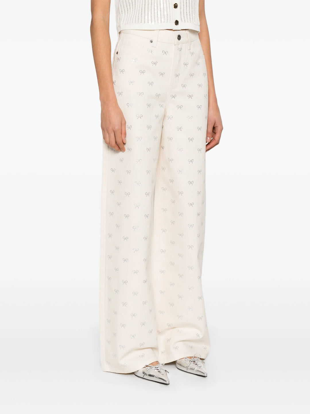 Cream Denim Diamante Bow Jeans