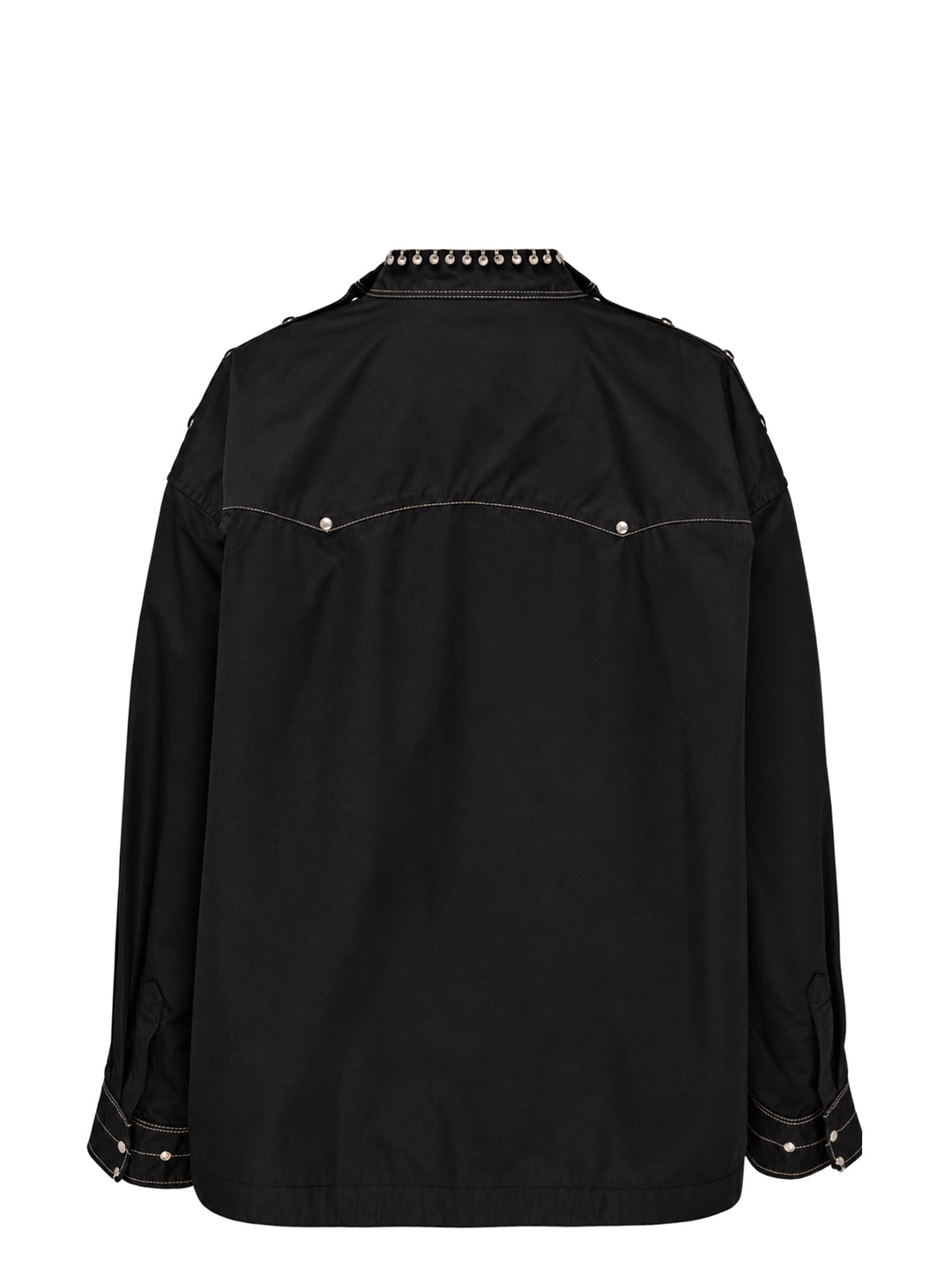 Lemaire black oversized long-sleeve blouse with a high neck embellished with metal rings and contrast white topstitching - view 2
