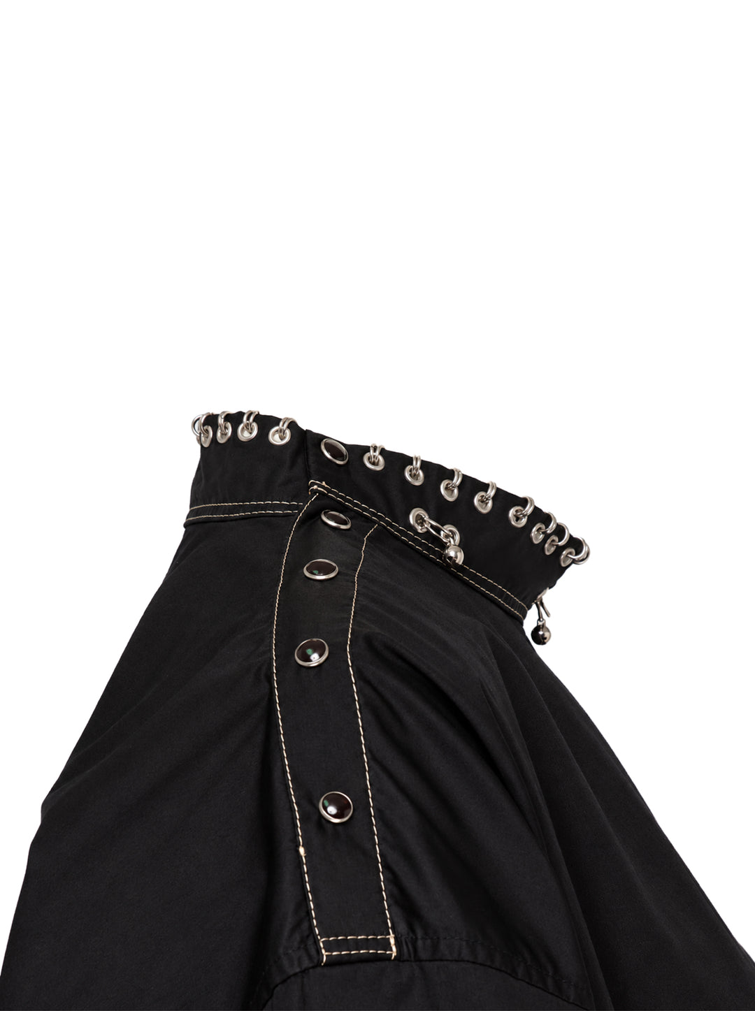 Lemaire black oversized long-sleeve blouse with a high neck embellished with metal rings and contrast white topstitching - view 4