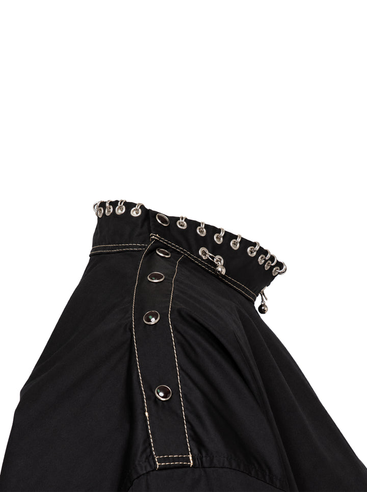Lemaire black oversized long-sleeve blouse with a high neck embellished with metal rings and contrast white topstitching - view 4