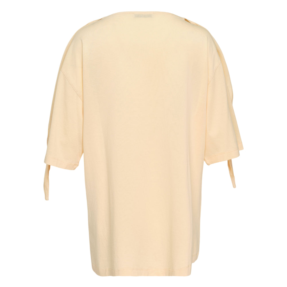 Lemaire Foulard T-Shirt Dress in butter yellow with draped foulard neckline and gathered tie-detail sleeves, photographed flat on a white background