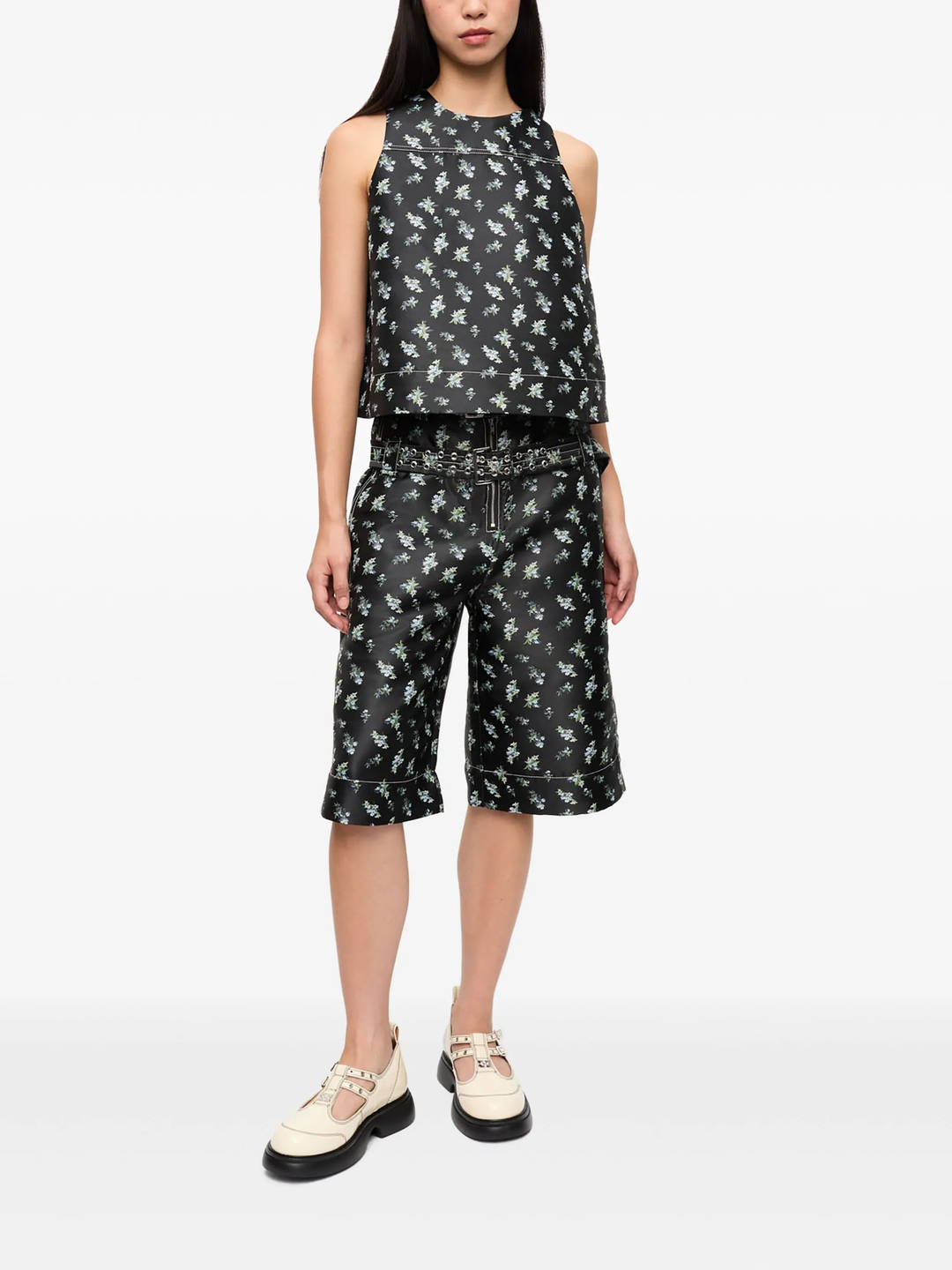 Floral Jacquard Sleeveless Open Neck Top