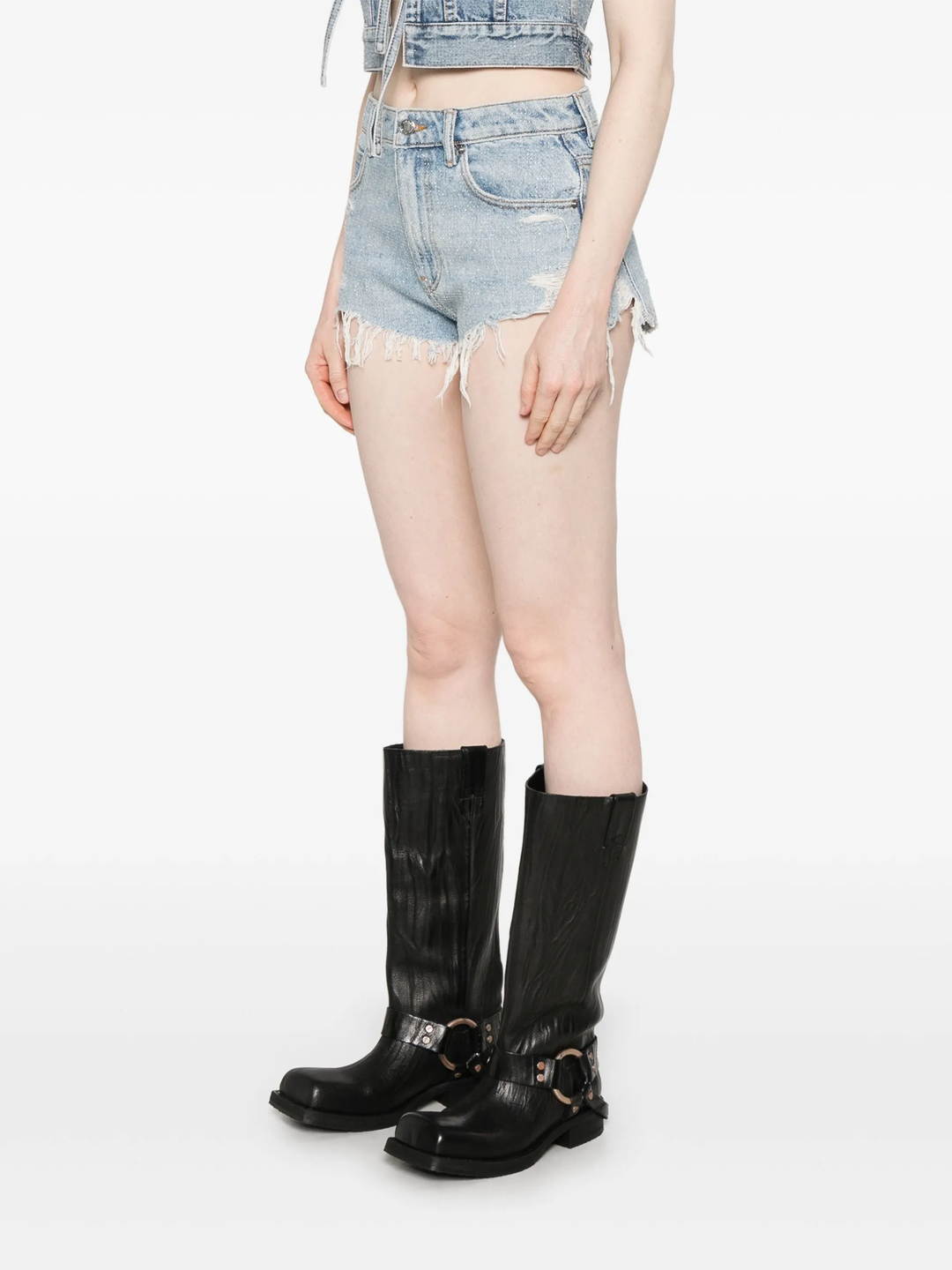 Clear Bead Hotfix Distressed Denim Shorts