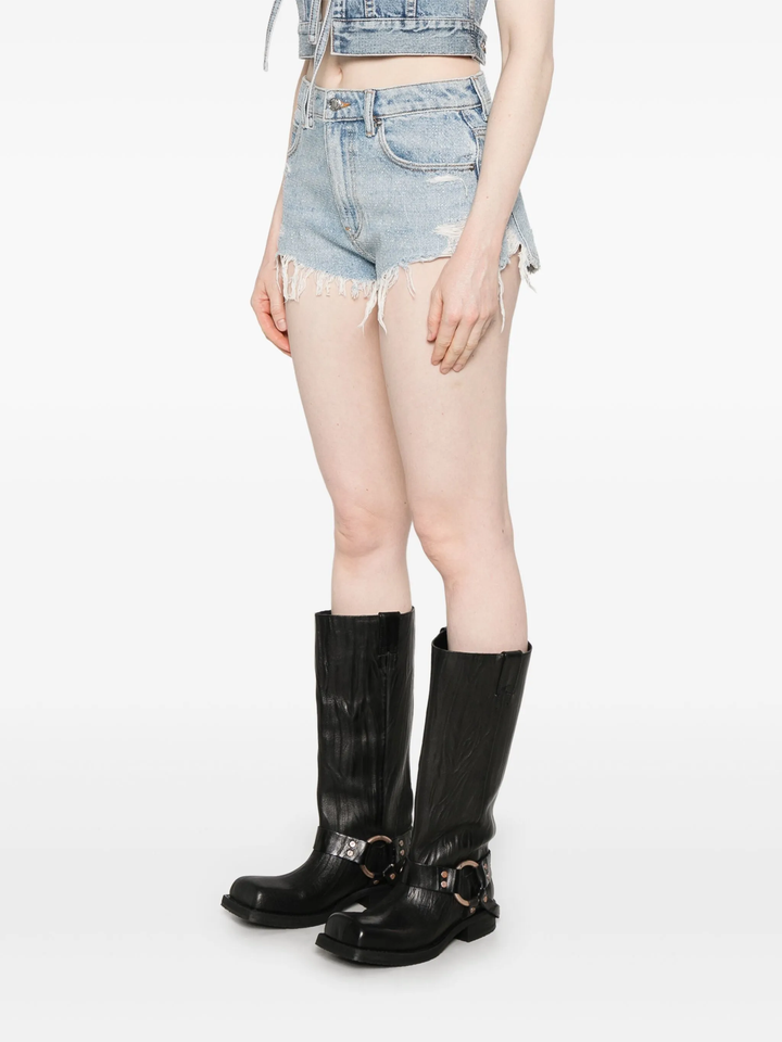 Clear Bead Hotfix Distressed Denim Shorts