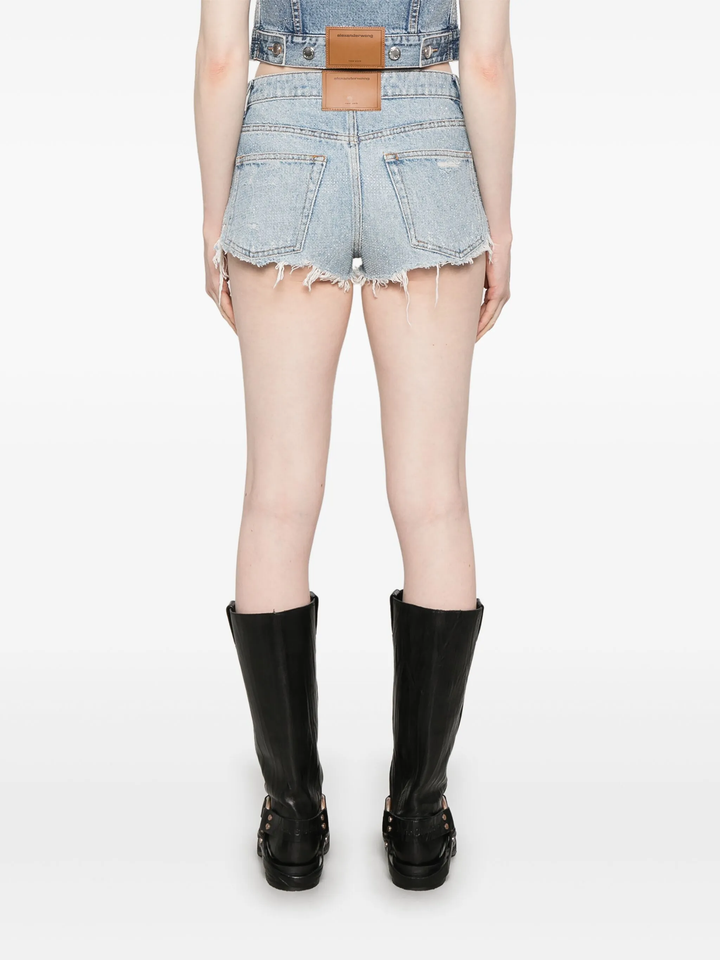 Clear Bead Hotfix Distressed Denim Shorts