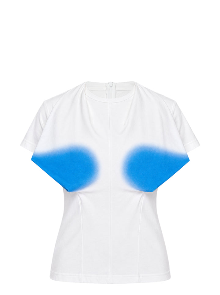 pushBUTTON white jersey top with draped bust and airbrushed blue bra-shaped gradient, shown from the front