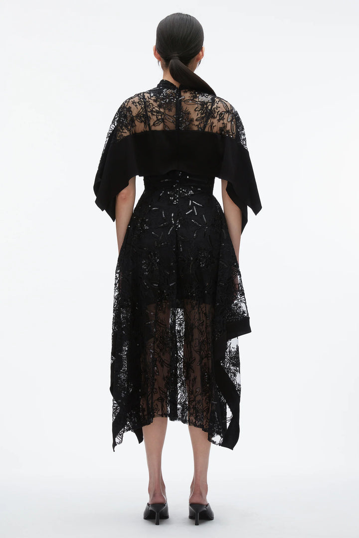 Sequin Lace Mockneck Flounce Dress