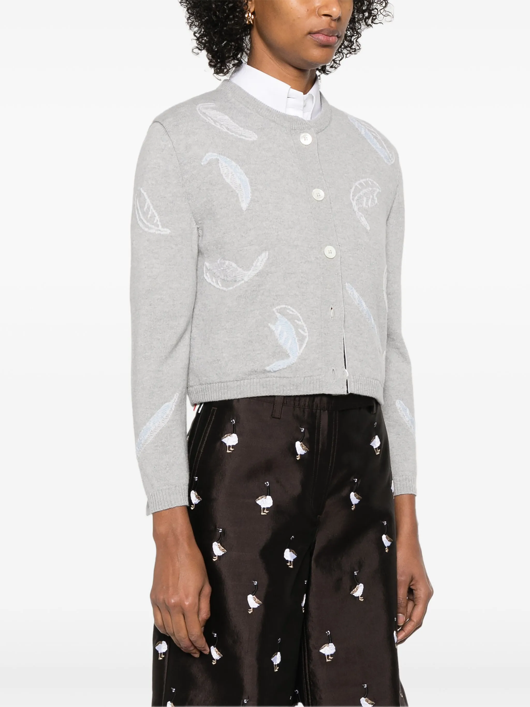 Feather Intarsia Printed Silk Twill Crew Neck Cardigan Women