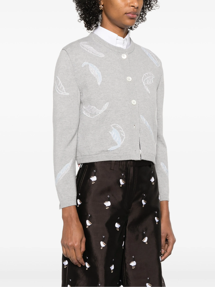 Feather Intarsia Printed Silk Twill Crew Neck Cardigan Women