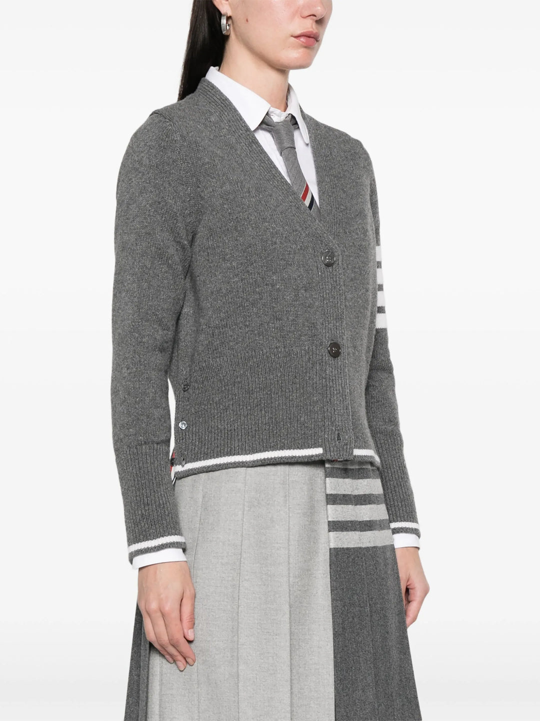 Fine Merino Intarsia Geese 4-Bar V Neck Cardigan Women