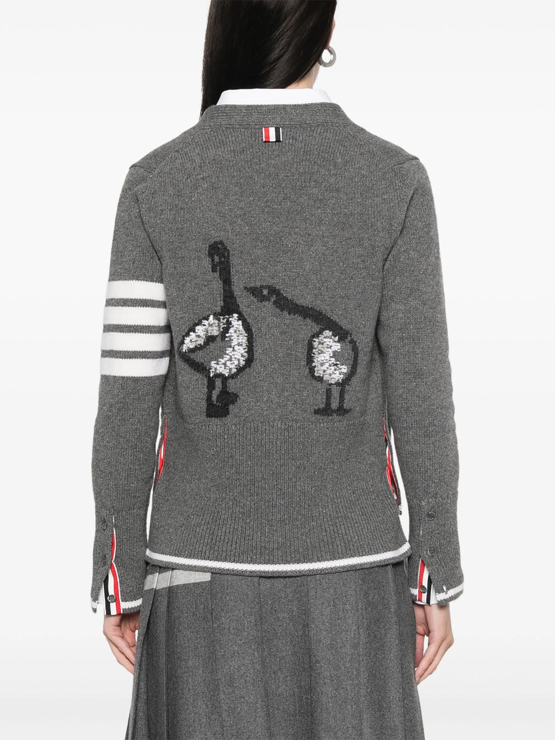 Fine Merino Intarsia Geese 4-Bar V Neck Cardigan Women