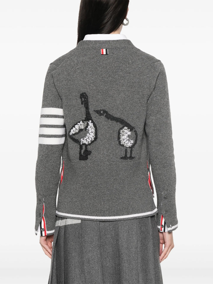 Fine Merino Intarsia Geese 4-Bar V Neck Cardigan Women