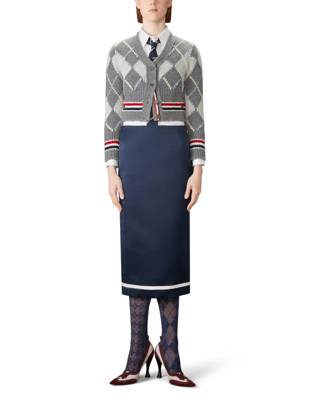 Argyle Intarsia Merino Wool Shrunken Cardigan