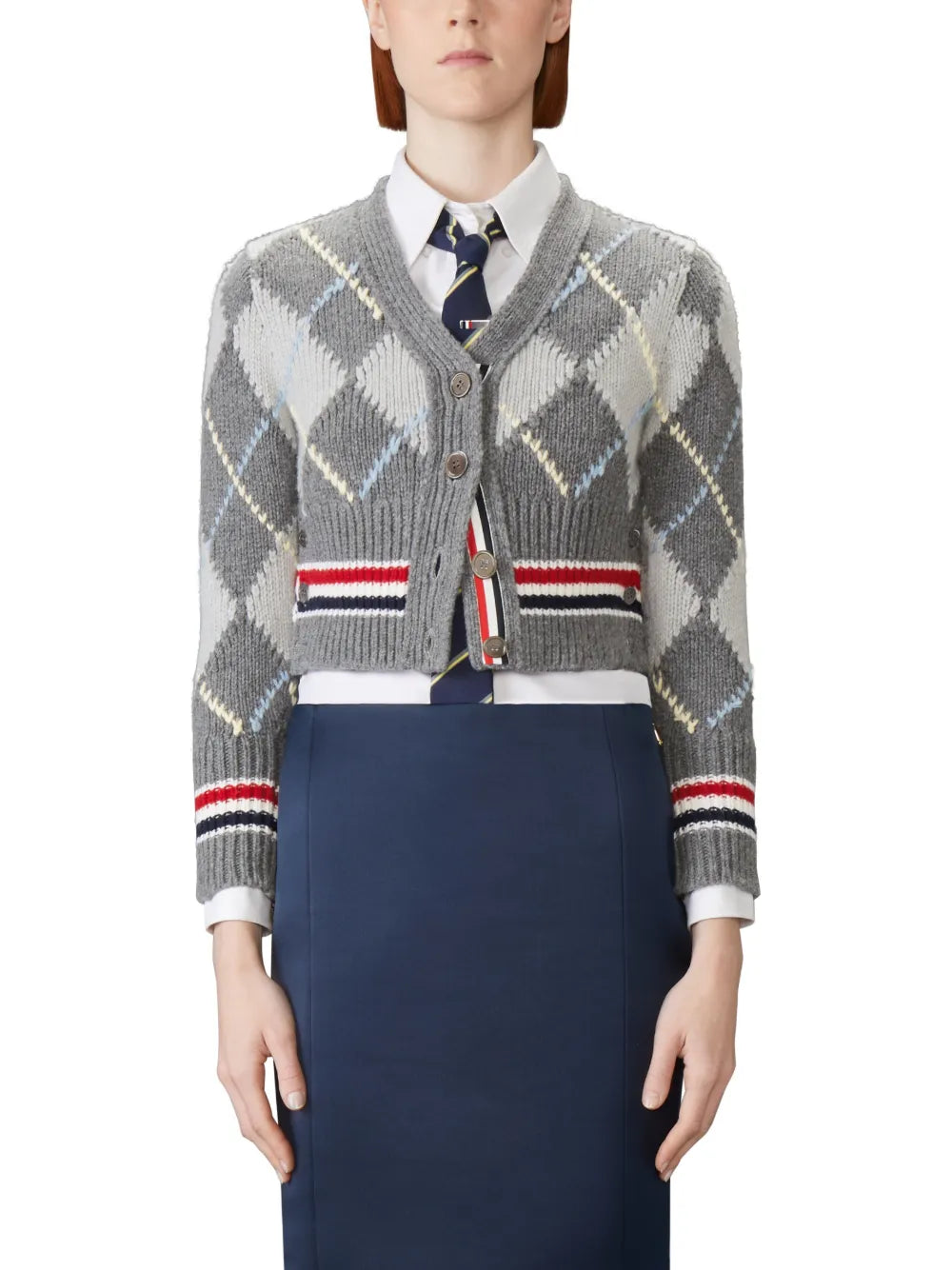 Argyle Intarsia Merino Wool Shrunken Cardigan