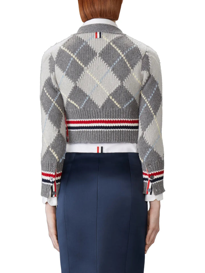 Argyle Intarsia Merino Wool Shrunken Cardigan