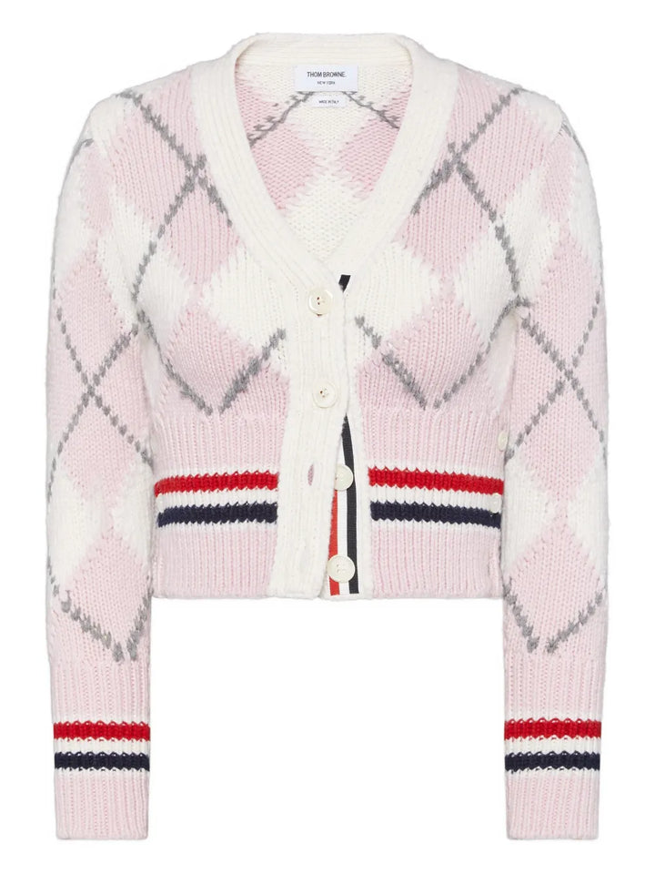 Argyle Intarsia Merino Wool Shrunken Cardigan