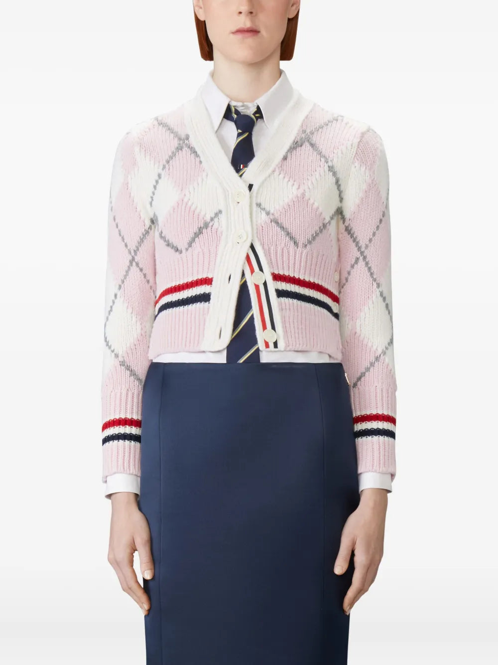 Argyle Intarsia Merino Wool Shrunken Cardigan