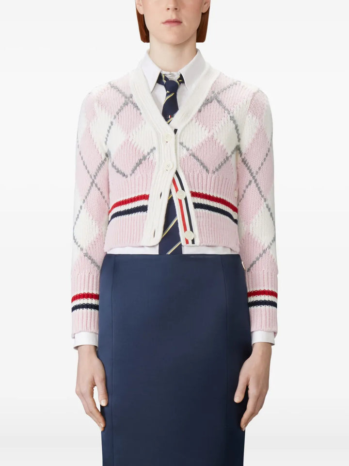 Argyle Intarsia Merino Wool Shrunken Cardigan