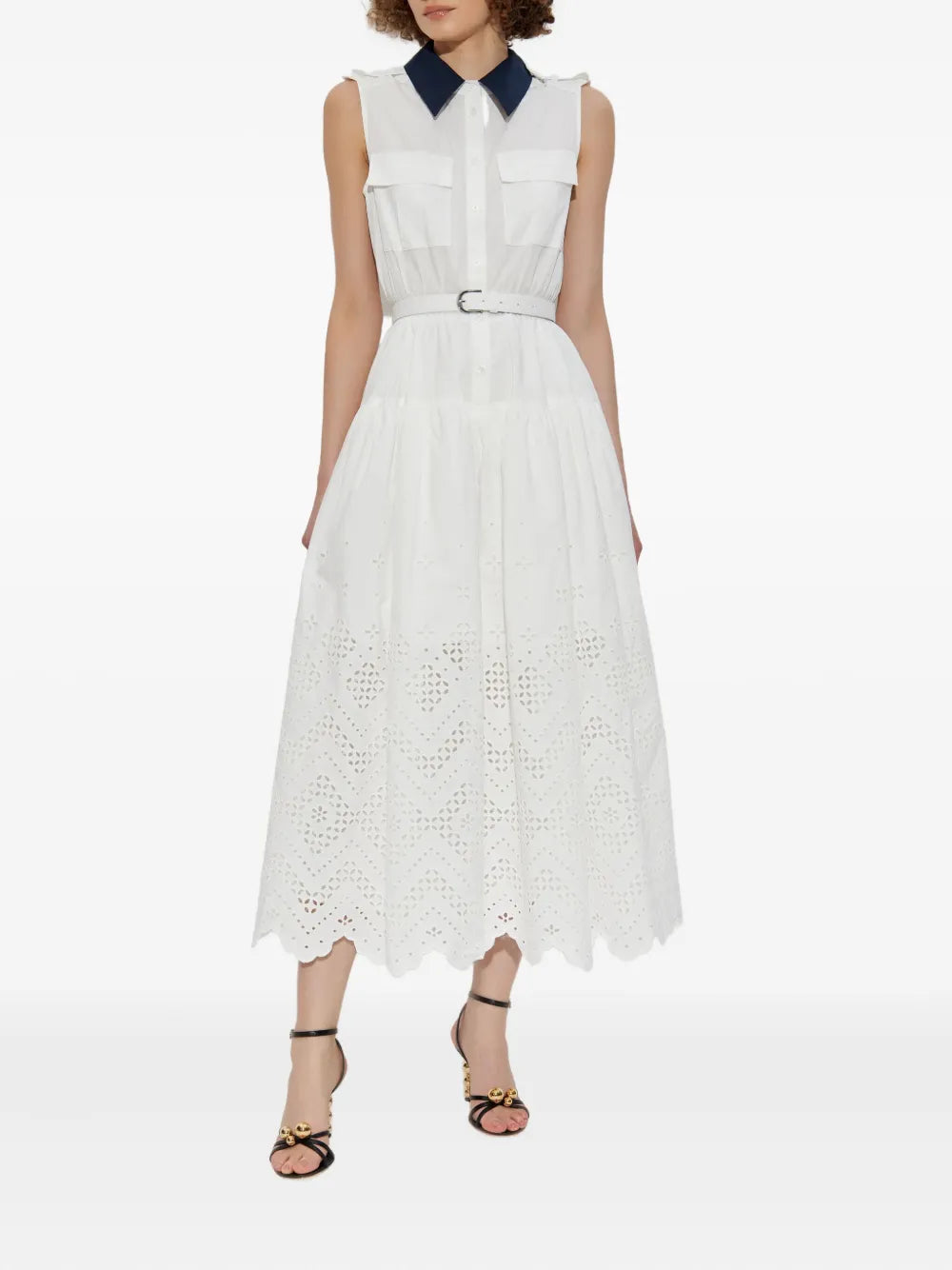 White Contrast Collar Broderie Midi Dress