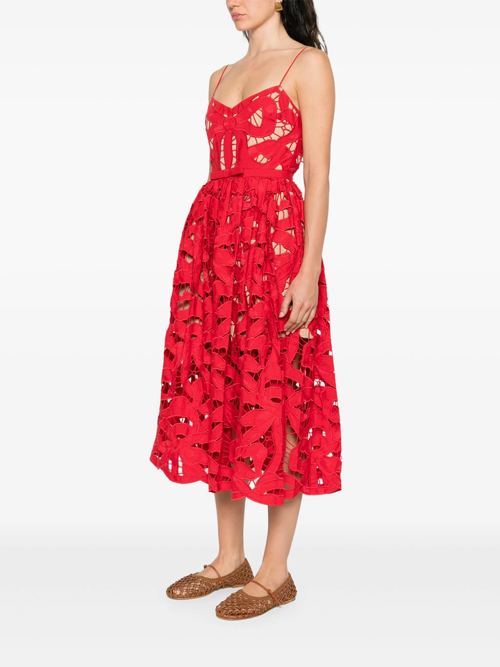 Red Bow Embroidered Midi Dress