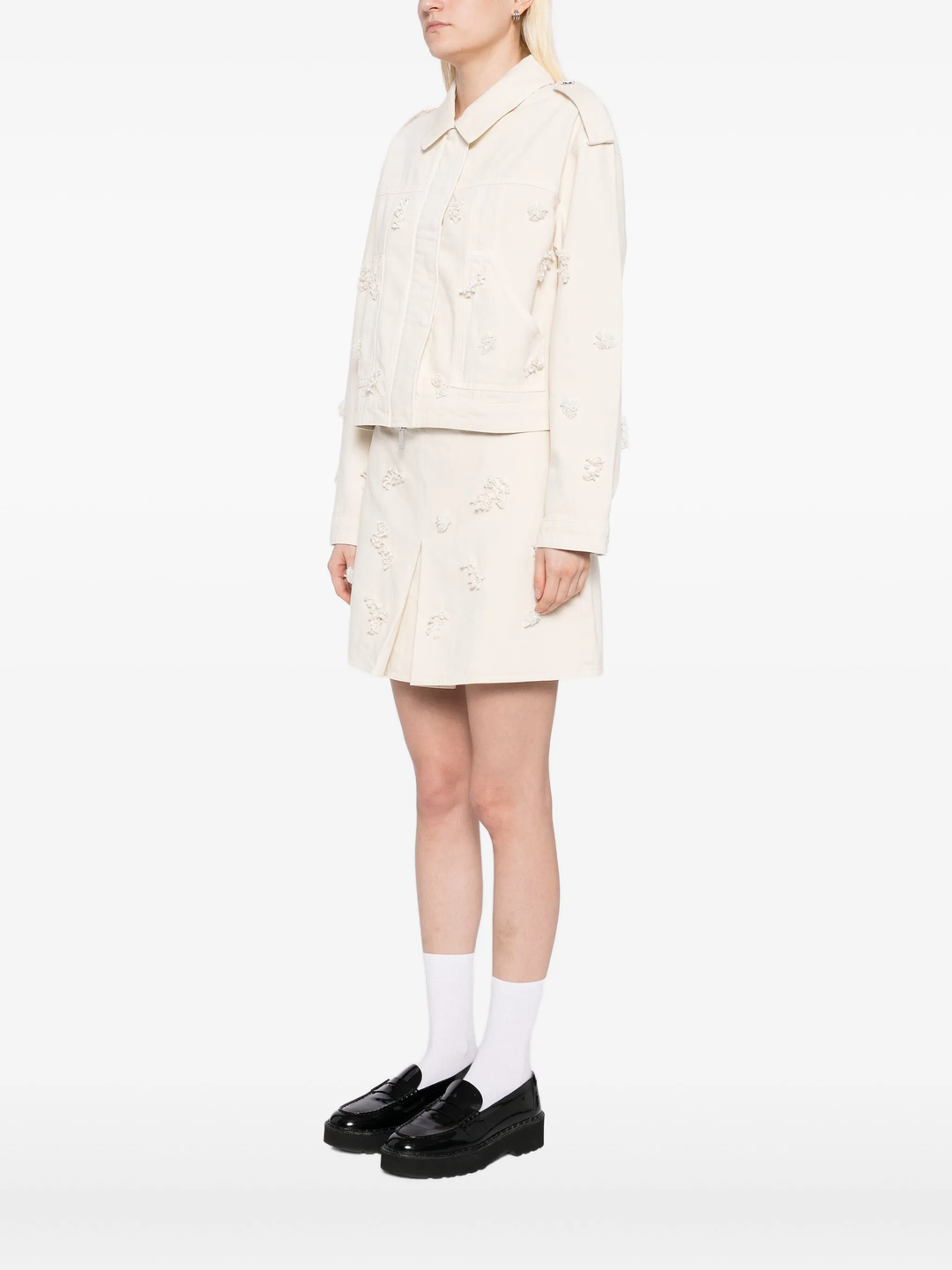 Cream Denim Beaded Floral Jacket