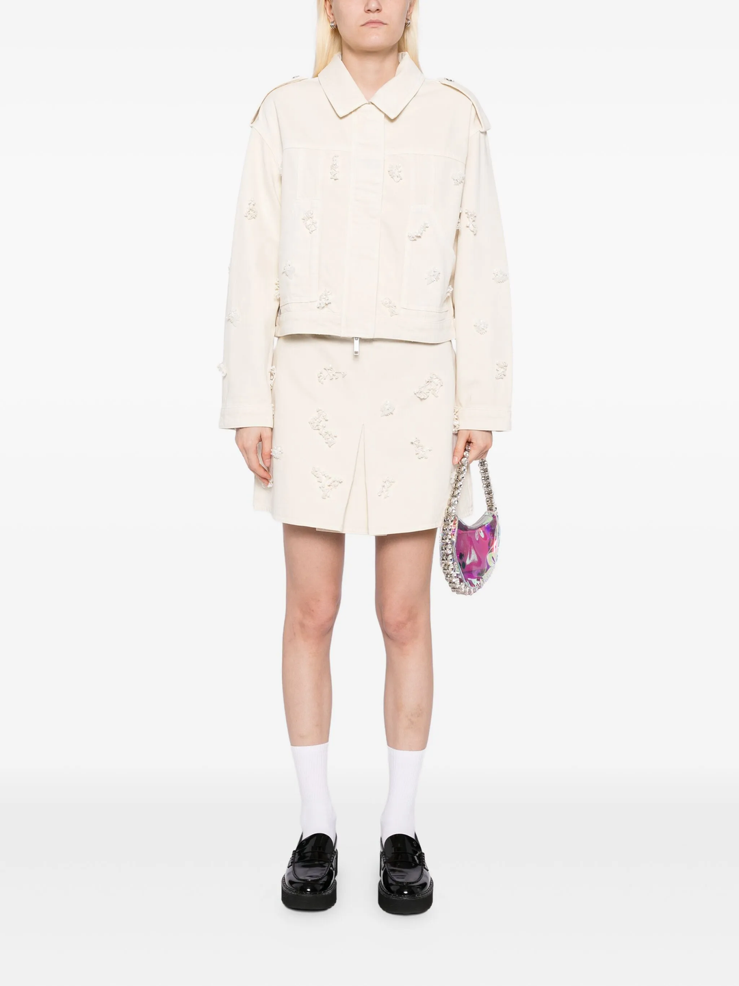 Cream Denim Beaded Floral Mini Skirt