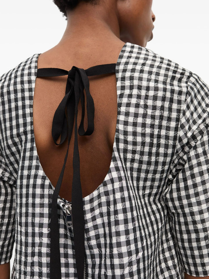 Crinkled Taffeta Check Open Back Mini Dress