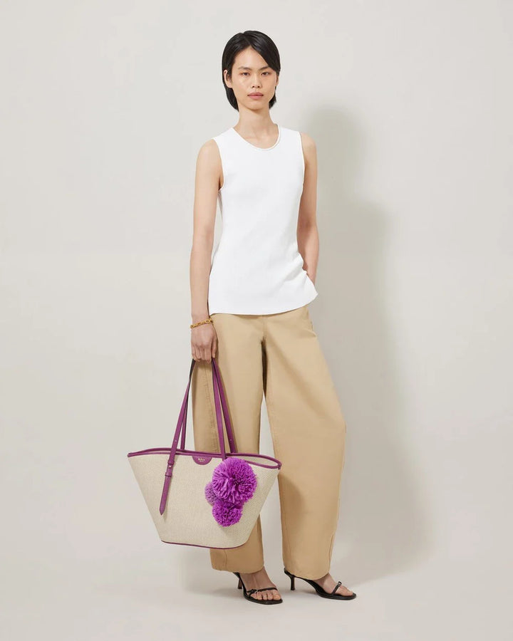 Basket Tote Orchid Bloom Raffia & Pom Poms