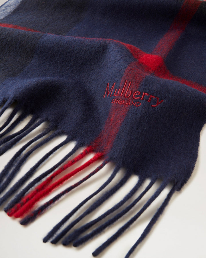 Small Check Merino Wool Scarf Night Sky & Lancaster Red Merino Wool