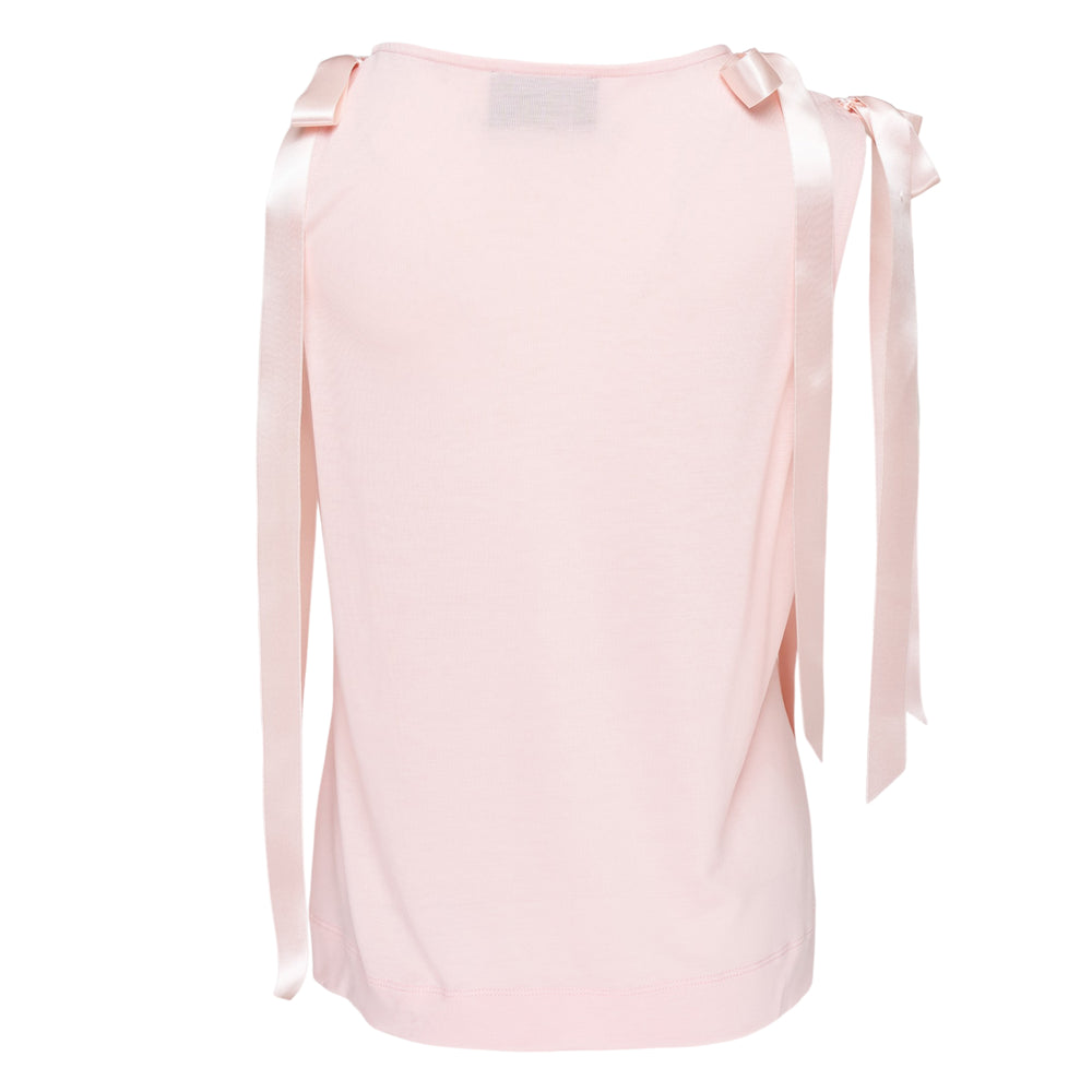 Simone Rocha blush pink fine jersey tank top with satin ribbon bow ties at both shoulders and a relaxed silhouette, shown on a plain white background