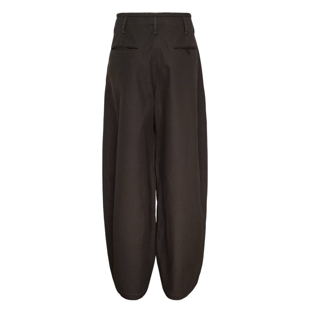 Lemaire Large Chino Pants in dark brown, displayed flat — featuring a high-rise waistband, barrel-leg silhouette, and front seam detailing